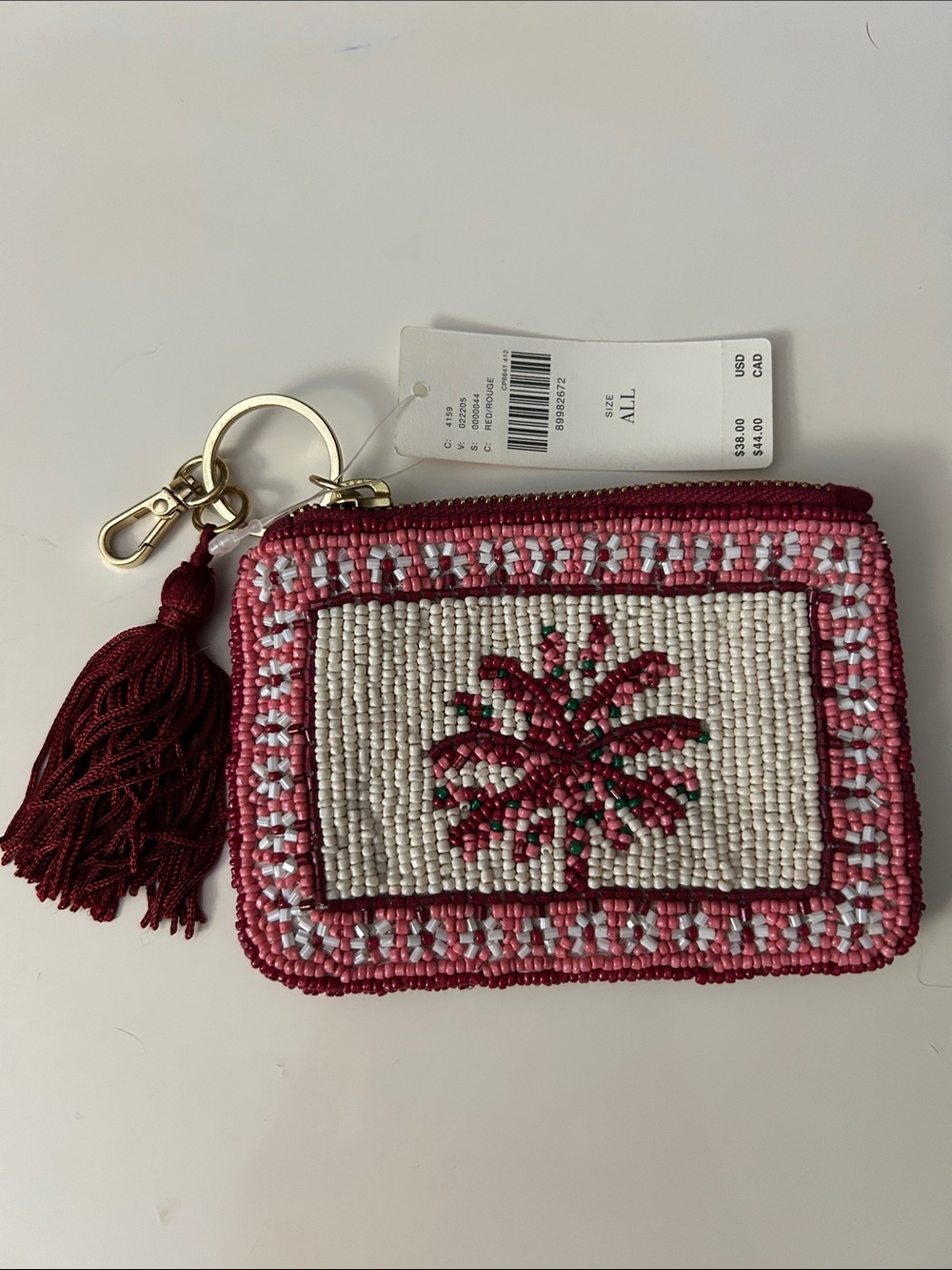 NWT Anthropologie Fiona Beaded Coin Purse Pink Floral Tassel